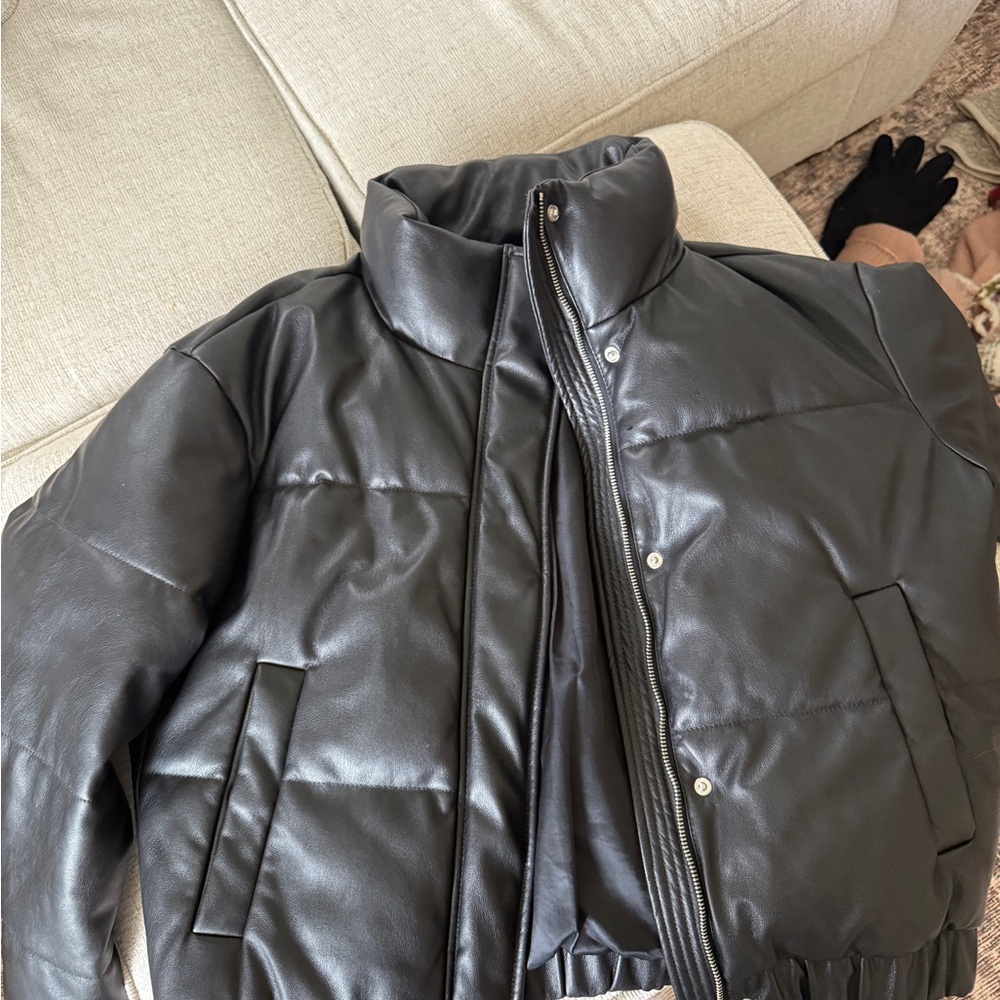 Abercrombie & Fitch Black Faux-Leather Puffer Jacket